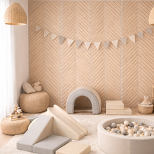 Load image into Gallery viewer, Neutral Collection - Acoustic Wall Panels - Oak on Grey Felt - Chevron - 240cm x 30cm (2 pack)