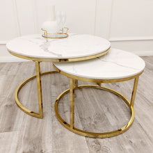 Load image into Gallery viewer, Cato Nest of 2 Short Gold Coffee Tables with Polar White Sintered Stone Tops