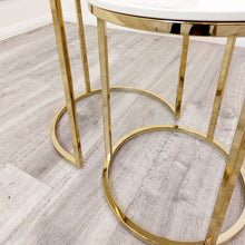 Load image into Gallery viewer, Cato Nest of 2 Tall Gold End Tables with Polar White Sintered Stone Tops