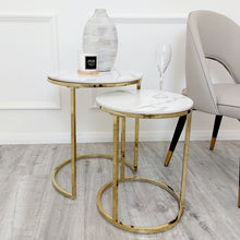 Load image into Gallery viewer, Cato Nest of 2 Tall Gold End Tables with Polar White Sintered Stone Tops