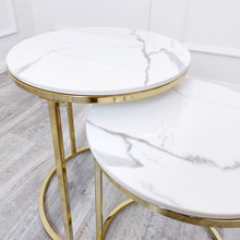 Load image into Gallery viewer, Cato Nest of 2 Tall Gold End Tables with Polar White Sintered Stone Tops