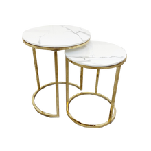 Load image into Gallery viewer, Cato Nest of 2 Tall Gold End Tables with Polar White Sintered Stone Tops
