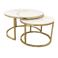 Load image into Gallery viewer, Cato Nest of 2 Short Gold Coffee Tables with Polar White Sintered Stone Tops
