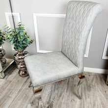 Load image into Gallery viewer, Nicole Dining Chair in Light Grey Leather with a cross stitch detail
