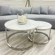 Load image into Gallery viewer, Cato Nest of 2 Short Round Coffee Silver Tables with Polar White Sintered Stone Tops
