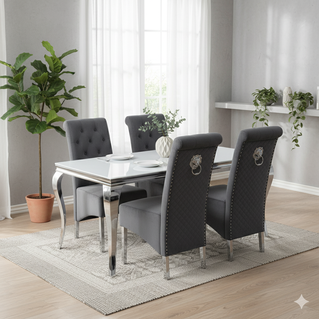 BLACK FRIDAY - Louis White Glass Dining table with 4 Emma Dark Grey Chairs
