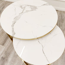 Load image into Gallery viewer, Cato Nest of 2 Short Round Coffee Gold Tables with Polar White Sintered Stone Tops

