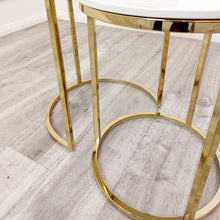 Load image into Gallery viewer, Cato Nest of 2 Tall Gold End Tables with Polar White Sintered Stone Tops
