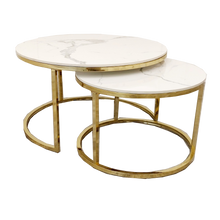 Load image into Gallery viewer, Cato Nest of 2 Short Round Coffee Gold Tables with Polar White Sintered Stone Tops
