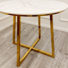 Load image into Gallery viewer, Juno Gold 90cm Round Dining Table with Polar White Sintered Stone Top
