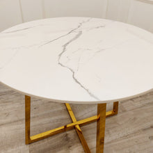 Load image into Gallery viewer, Juno Gold 90cm Round Dining Table with Polar White Sintered Stone Top
