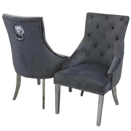 Bentley Dining Chair with Lion Knocker in Dark Grey Velvet