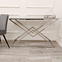 Load image into Gallery viewer, Vesta Chrome Console Table with Stomach Ash Sintered Stone Top

