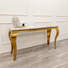 Load image into Gallery viewer, Louis Gold Console Table with Ivory Smoke Marble Top
