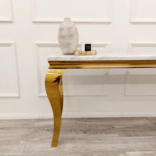 Load image into Gallery viewer, Louis Gold Console Table with Ivory Smoke Marble Top
