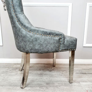 Megan dining Chair Dark Grey Leather with Lion Knocker