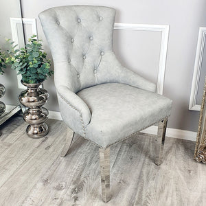 Megan dining Chair Light Grey Leather with Lion Knocker