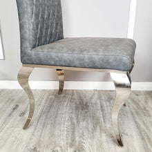 Load image into Gallery viewer, Nicole Dining Chair in Dark Grey Leather with a cross stitch detail
