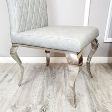 Load image into Gallery viewer, Nicole Dining Chair in Light Grey Leather with a cross stitch detail
