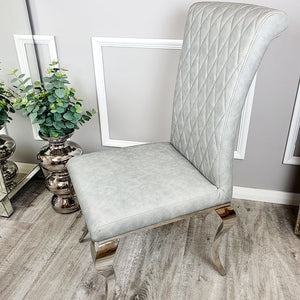 Nicole Dining Chair in Light Grey Leather with a cross stitch detail