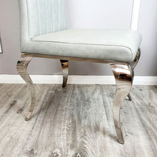 Load image into Gallery viewer, Nicole Dining Chair in Light Grey Leather with a line stitch detail
